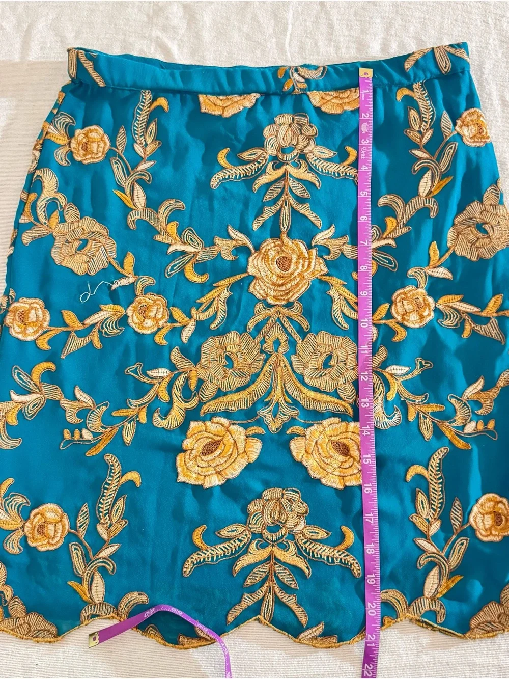 Yoana Baraschi Teal Skirt with Gold Floral Embroidery Size 6